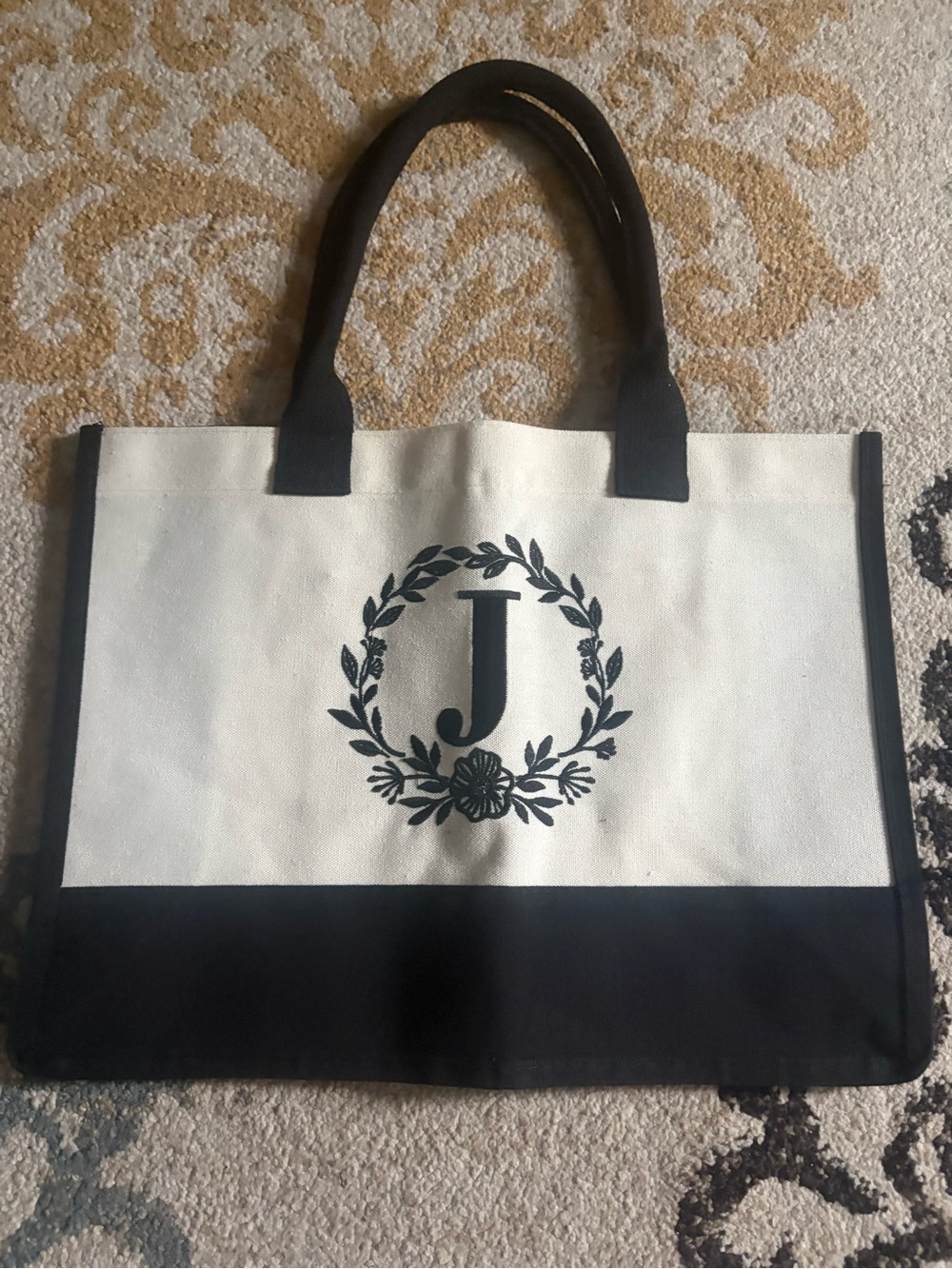 Monogram J Black and White Canvas Tote Bag